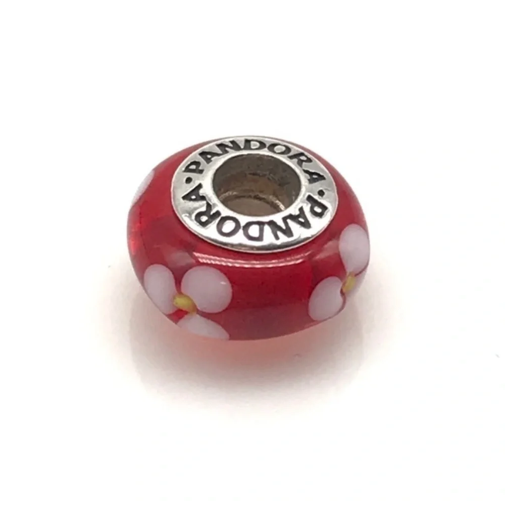Pandora Red White Flower Murano Glass Retired Bead Charm